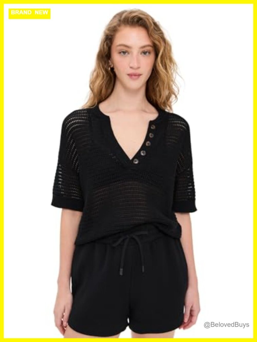 Varley Callie Knit Top Lightweight Open Knit V-Neck Elbow Sleeve